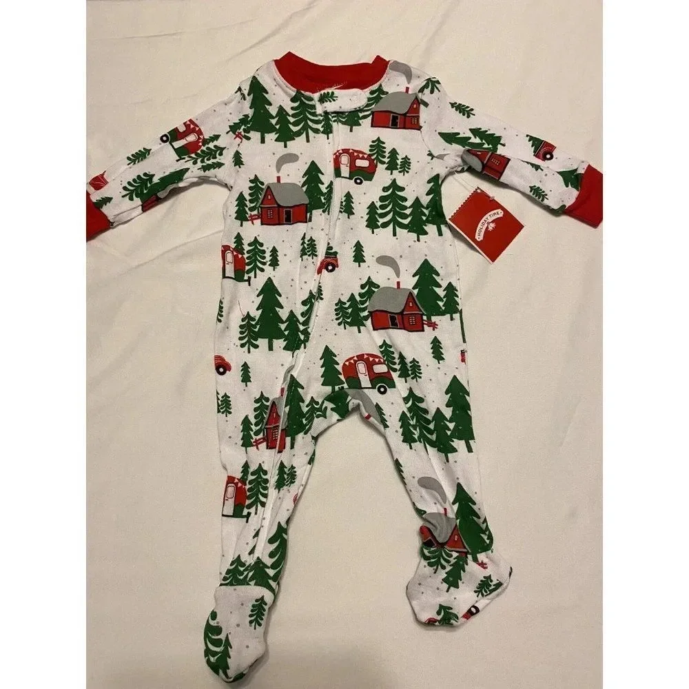 Holiday Time Unisex 1 Piece Sleep & Play 0-3M Trees Campers Cabins one piece